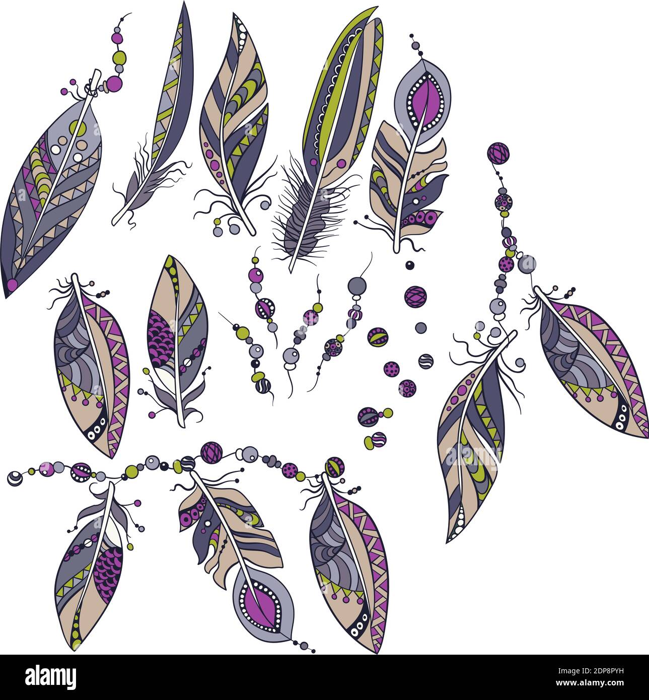 Ensemble ornemental avec éléments de décoration avec plumes, perles en ornementation en image vectorielle graphique de style tribal Illustration de Vecteur