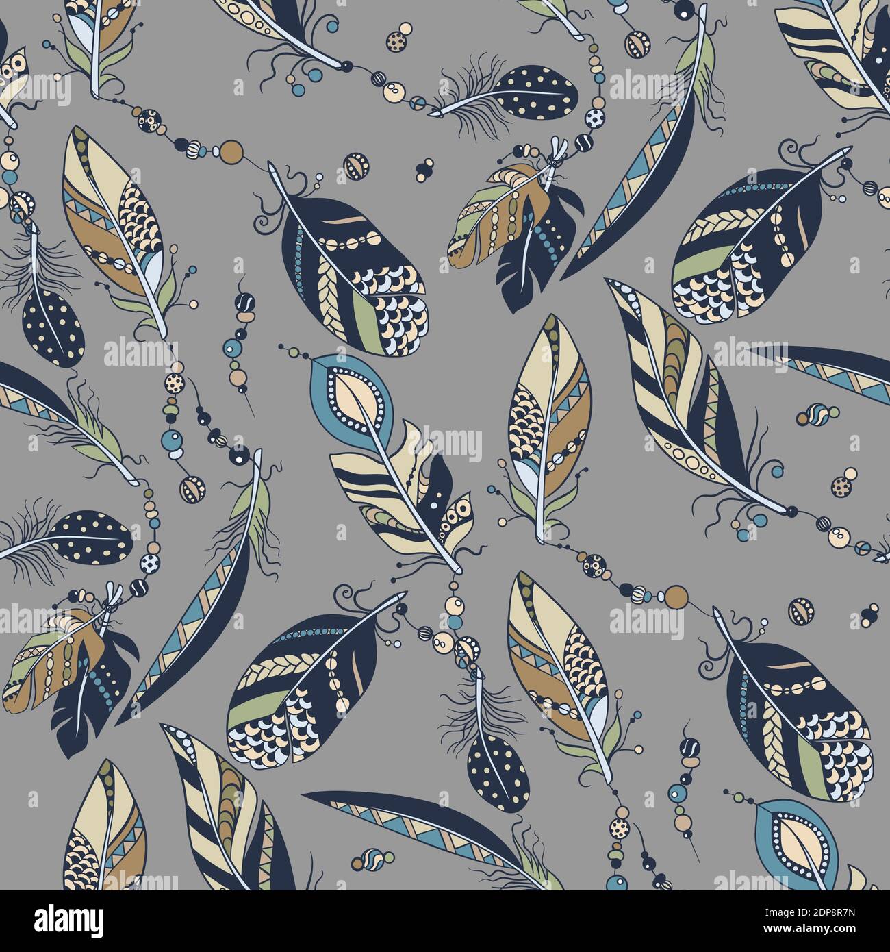 Motif sans couture avec plumes et perles dans une illustration graphique vectorielle en style tribal Illustration de Vecteur