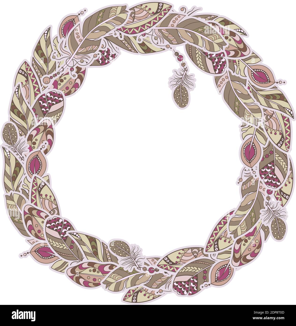 Élément de décor de cadre en forme de cercle dans motif vectoriel avec plumes de style tribal ornemental rose et marron pastel Illustration de Vecteur
