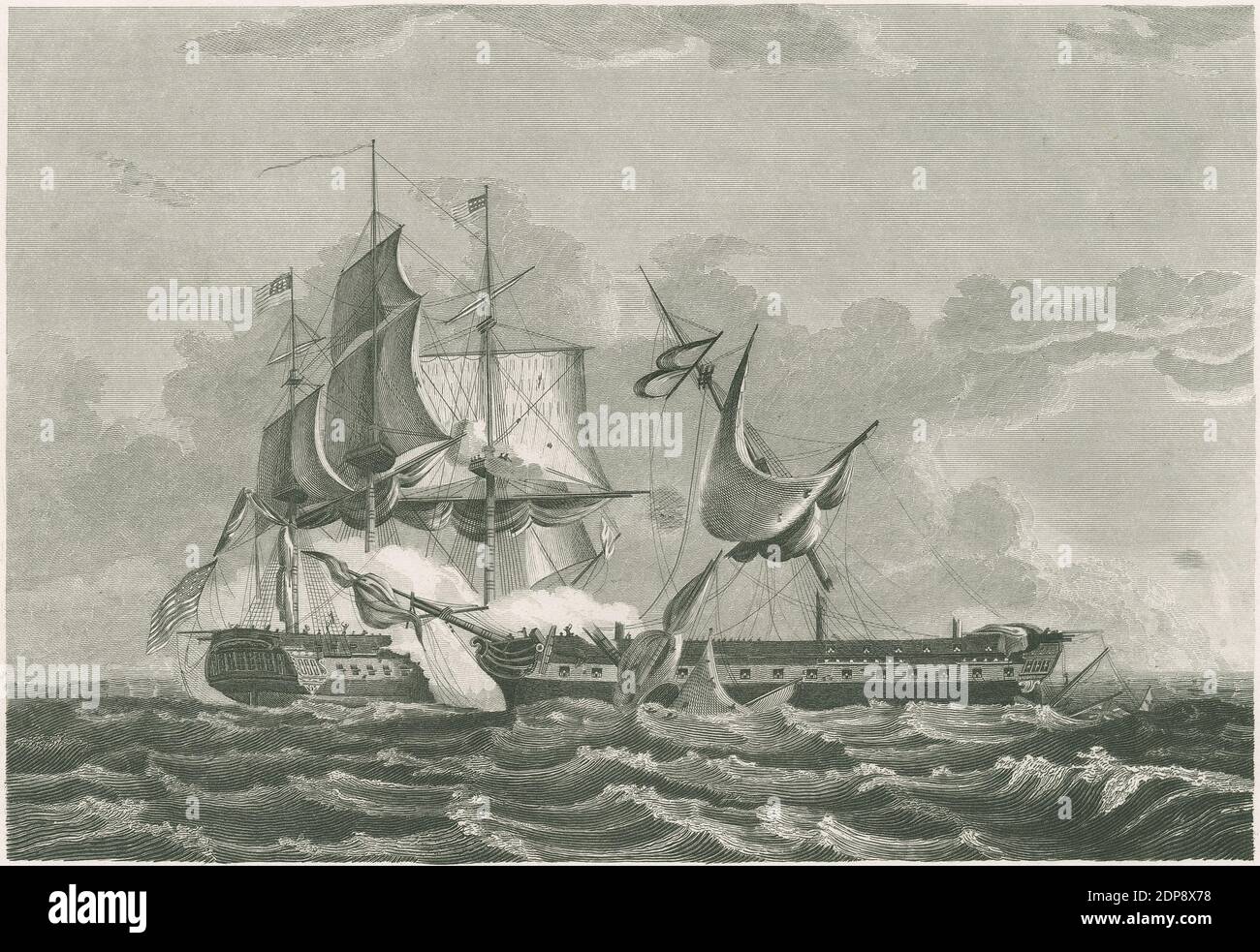 Gravure antique c1850, capture de la frégate britannique HMS Guerriere par la frégate américaine USS Constitution. SOURCE : GRAVURE ORIGINALE Banque D'Images