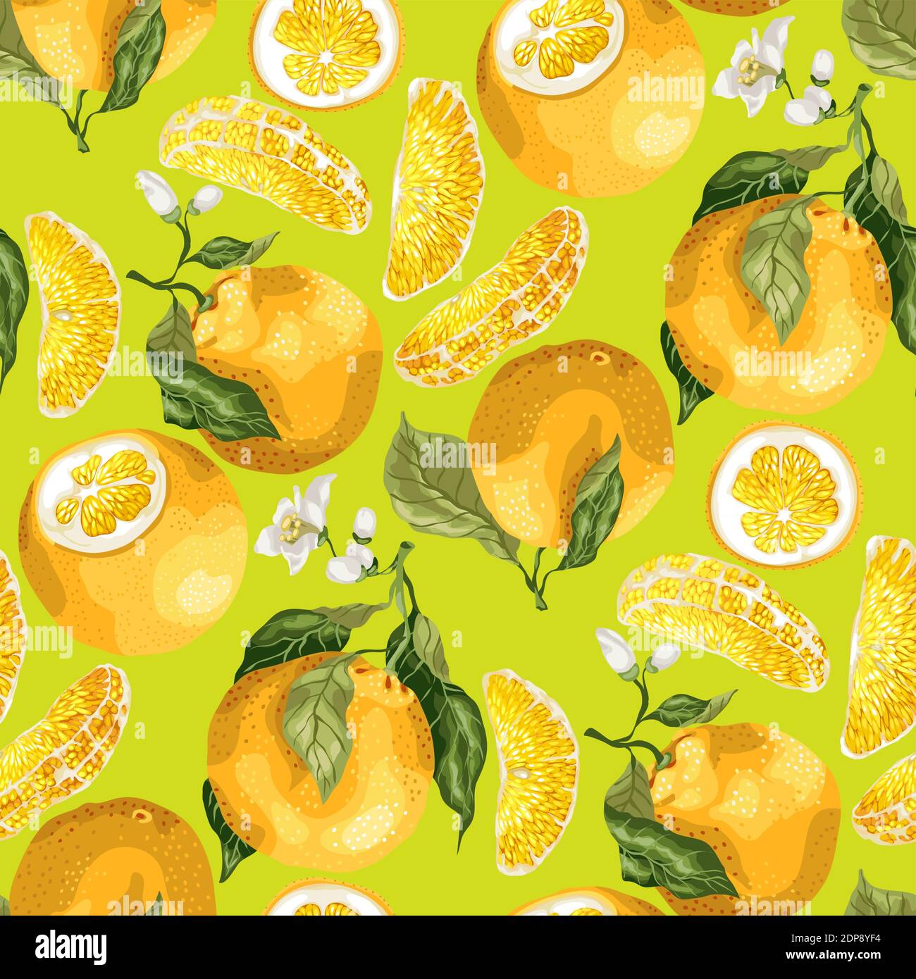 Motif sans couture avec fruits et tranches d'orange. Fleurs fleuries sur les branches de fruits dans l'illustration vectorielle graphique sur fond marin vert Illustration de Vecteur