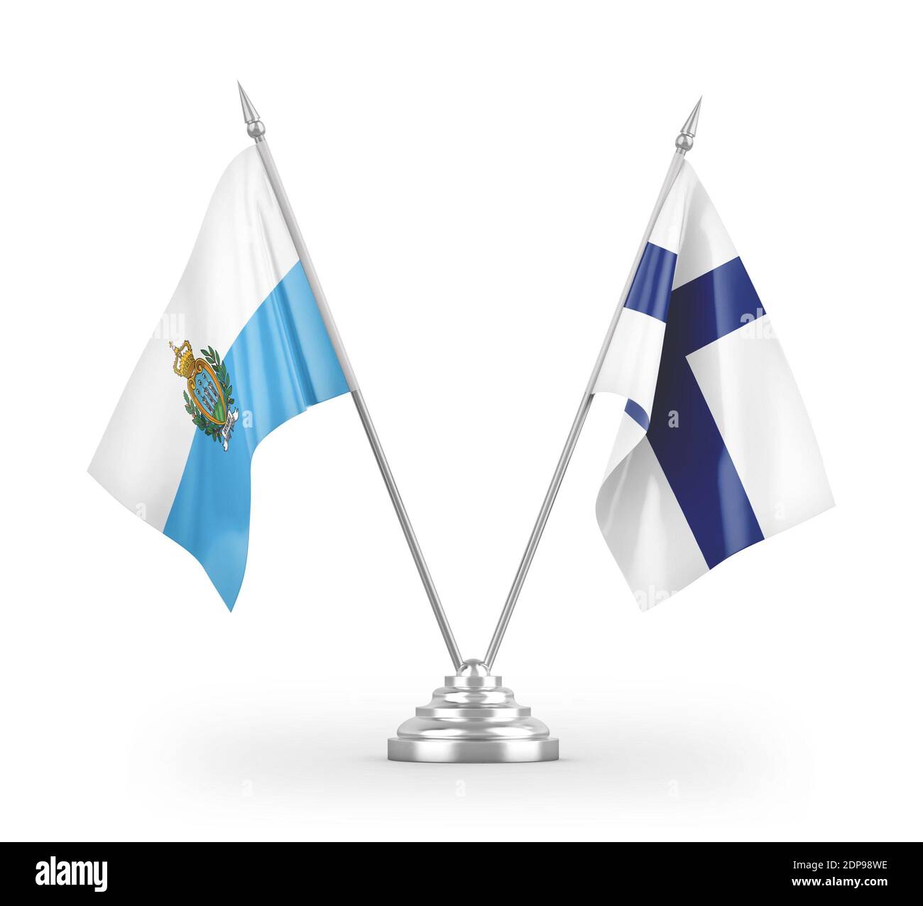 Drapeaux de table Finlande et Saint-Marin isolés sur 3D blanc rendu Banque D'Images