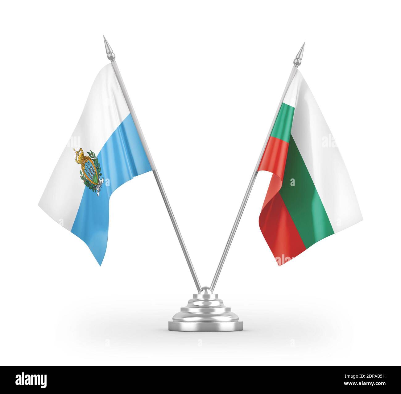 Bulgarie et Saint-Marin drapeaux de table isolés sur 3D blanc rendu Banque D'Images
