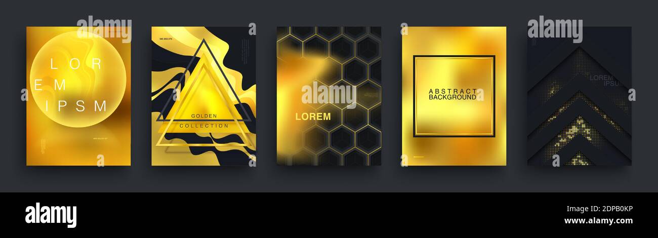 Ensemble d'affiches abstrait or et noir. Realistic Trendy couvre Template Design. Golden floue, liquide, formes géométriques. Lignes lumineuses et points arrière Illustration de Vecteur