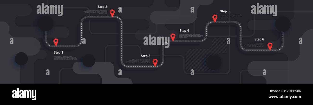 Modèle de carte routière et d'infographies d'itinéraire. Illustration de la chronologie de la route sinueuse. Thème sombre. Illustration vectorielle plate. SPE 10 Illustration de Vecteur
