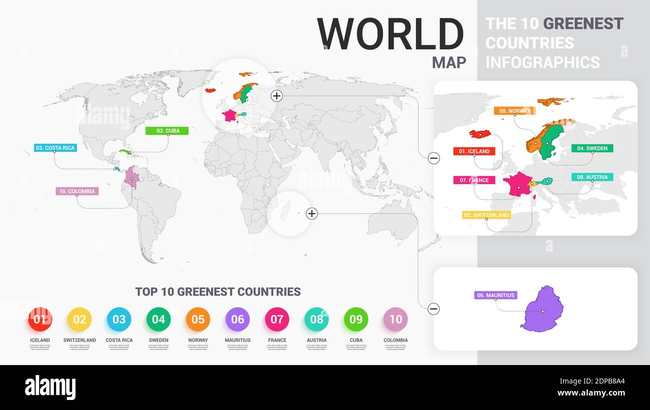 Illustration de la carte du monde avec pays colorés. Les 10 pays les plus verts Infographics. Modèle de statistiques professionnelles moderne et coloré. Illustration du vecteur plat Illustration de Vecteur