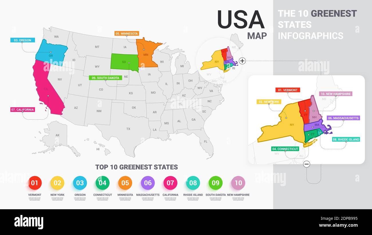 Illustration de la carte des États-Unis avec États de couleur. Les 10 États les plus verts Infographics. Carte moderne et colorée des États-Unis d'Amérique. Global Business St Illustration de Vecteur