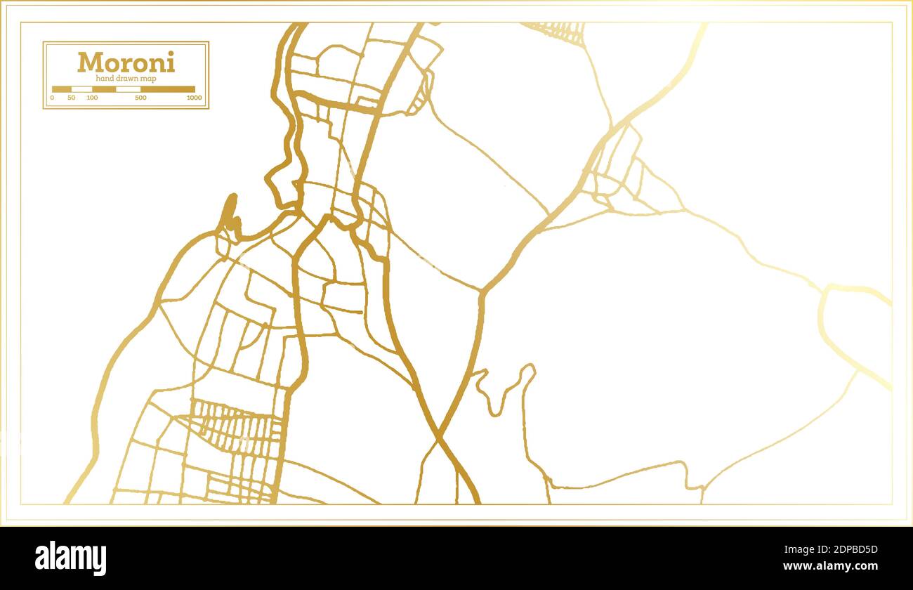 Moroni Comores carte de la ville en style rétro en couleur dorée. Carte de contour. Illustration vectorielle. Illustration de Vecteur