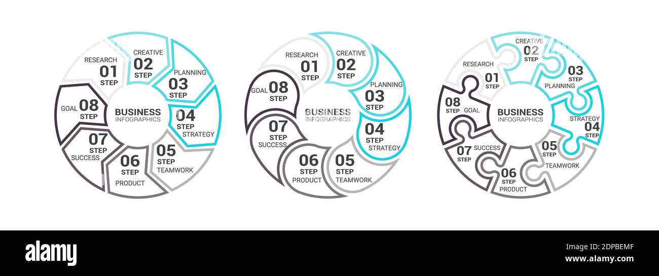Modèle d'infographie à diagramme rond plat à trait fin avec huit étapes pour réussir. Modèle Business Circle avec options pour brochure, diagramme, flux de travail, Illustration de Vecteur