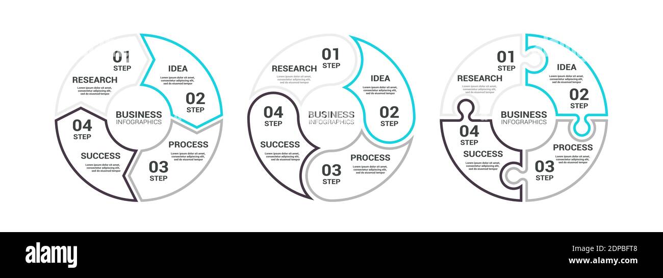 Modèle d'infographie à diagramme rond plat à trait fin avec quatre étapes pour réussir. Modèle Business Circle avec options pour brochure, diagramme, flux de travail, Illustration de Vecteur