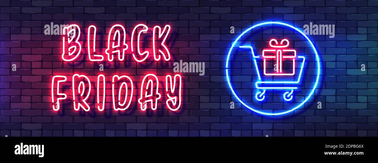 Solde du Vendredi fou bannière colorée néon. Alphabet néon manuscrit sur fond de mur de brique sombre. Symbole boîte cadeau pour panier de supermarché. Coloré lumineux Illustration de Vecteur