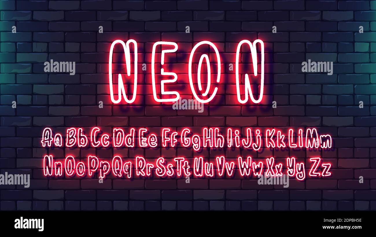 Police à main futuriste néon. Lettres minuscules majuscules de l'alphabet du tube lumineux sur un fond de mur de brique sombre. Police de caractères colorée et brillante pour le nigh Illustration de Vecteur
