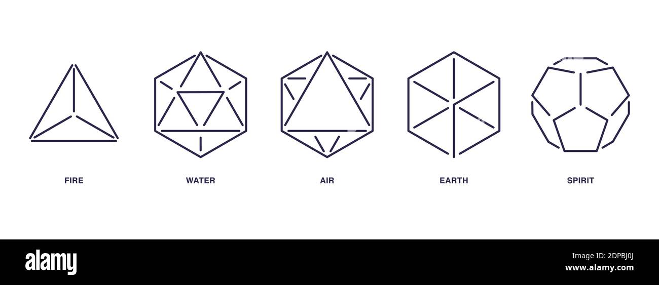 Ensemble de symboles ésotériques mystiques. Conception de modèle de géométrie sacrée. Cinq solides Platoniques idéaux minimaux. Arrière-plans de tattoo Neon Hipster. Astrologie et Astr Illustration de Vecteur