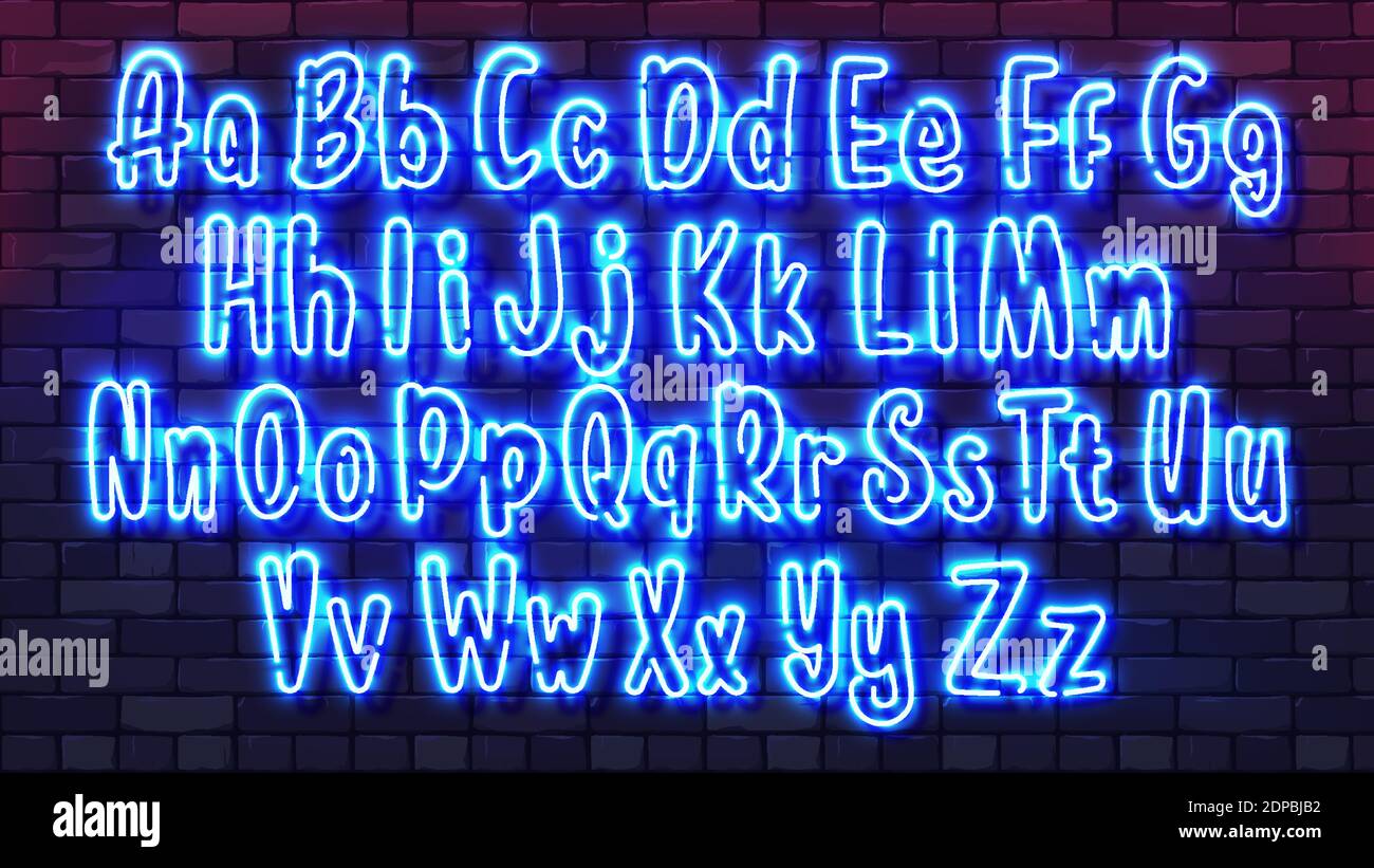 Police à main futuriste néon. Lettres minuscules majuscules de l'alphabet du tube lumineux sur un fond de mur de brique sombre. Police de caractères colorée et brillante pour le nigh Illustration de Vecteur