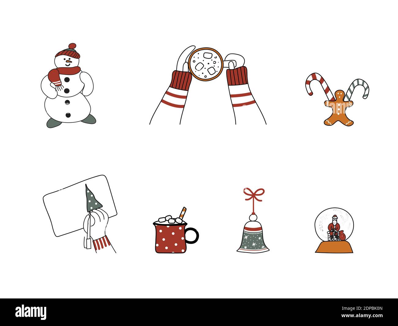Ensemble de décorations dessinées à la main de Noël. Collection d'art de la nouvelle année des choses de fête mignonnes.mains de dame tenir une tasse de café, homme de pain d'épice, canne de sucre Illustration de Vecteur