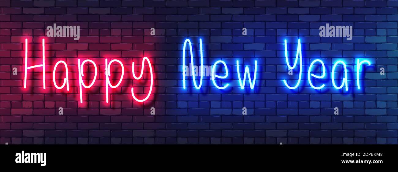 Bonne année Neon bannière colorée. Alphabet néon manuscrit sur fond de mur de brique sombre. Police de caractères colorée et brillante pour une publicité de nuit lumineuse Illustration de Vecteur