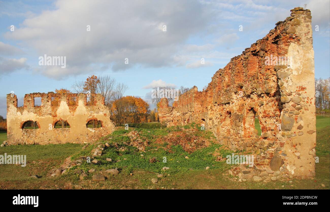 République de Paulavos en Lituanie. Ruines de Old Bricks avec forêt en arrière-plan Banque D'Images