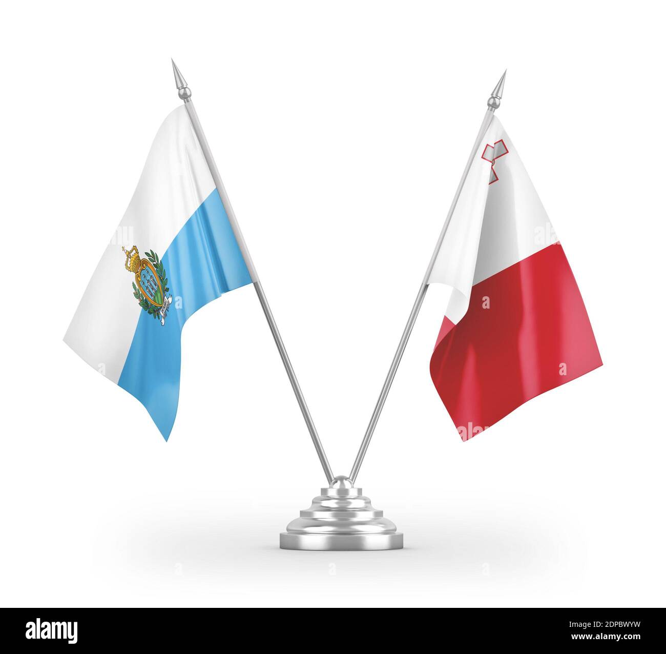 Malte et Saint-Marin drapeaux de table isolés sur blanc 3D rendu Banque D'Images