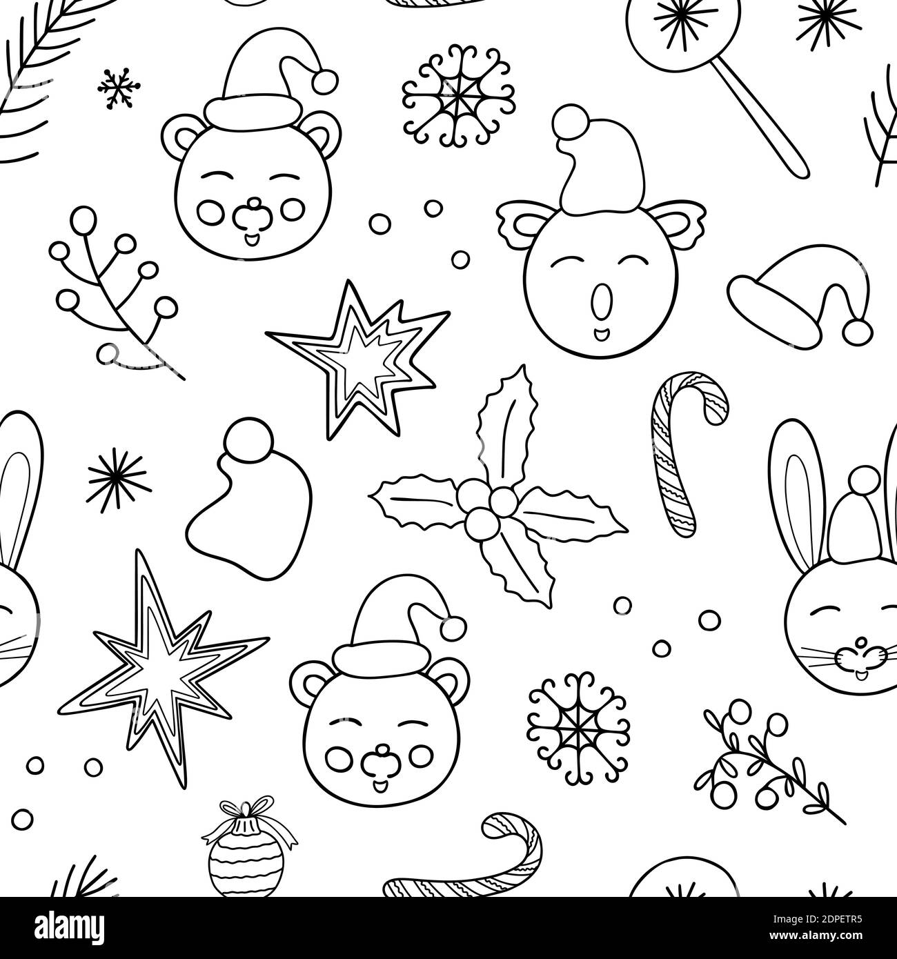 Mignon animaux drôle contour vector répéter le motif dans le style Doodle ensemble, noël simple main caractères dessinés pour les vacances d'hiver design, cartes de voeux, bannières, tissu Illustration de Vecteur