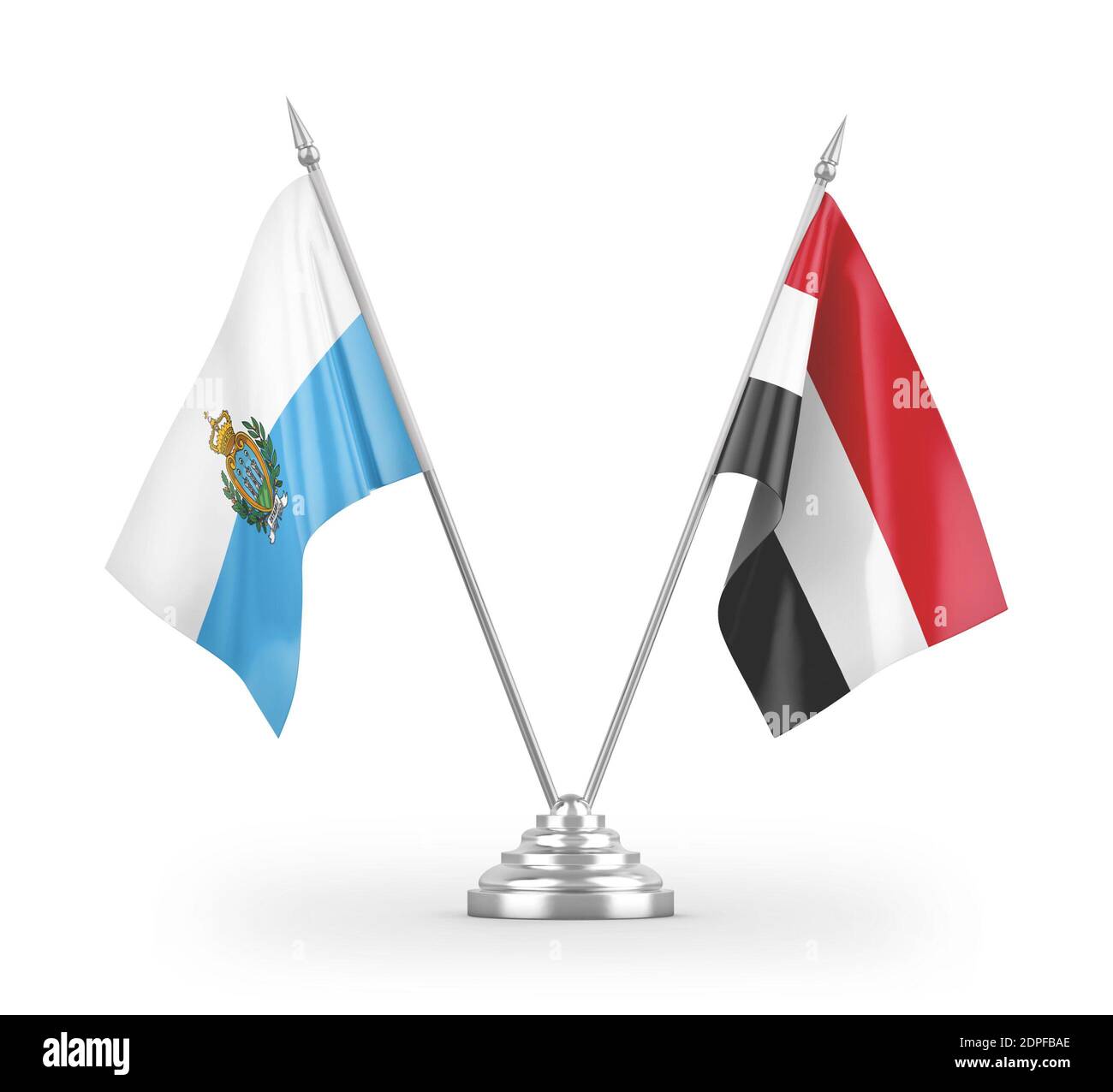 Drapeaux de table Yémen et Saint-Marin isolés sur 3D blanc rendu Banque D'Images