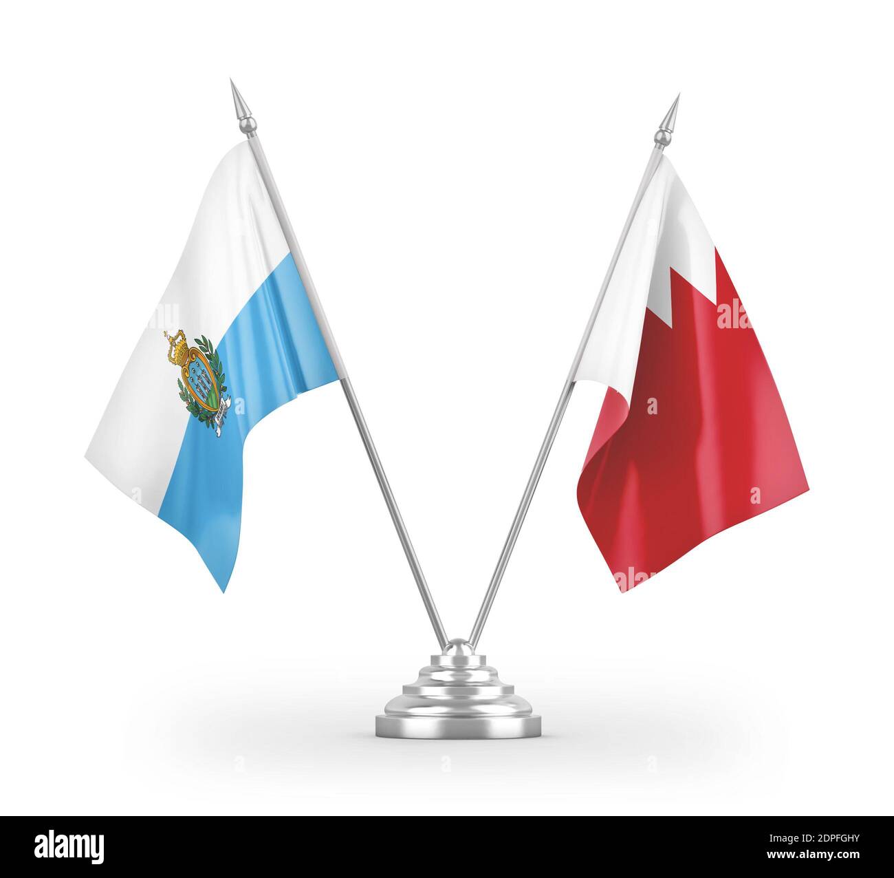 Les drapeaux de table de Bahreïn et de Saint-Marin sont isolés en 3D blanc rendu Banque D'Images