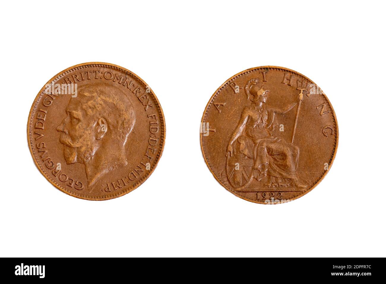 Ancien vieux vintage pièces de monnaie monnaie monnaie monnaie argent King George le V. D'Angleterre un 1 Farthing 1922 Banque D'Images