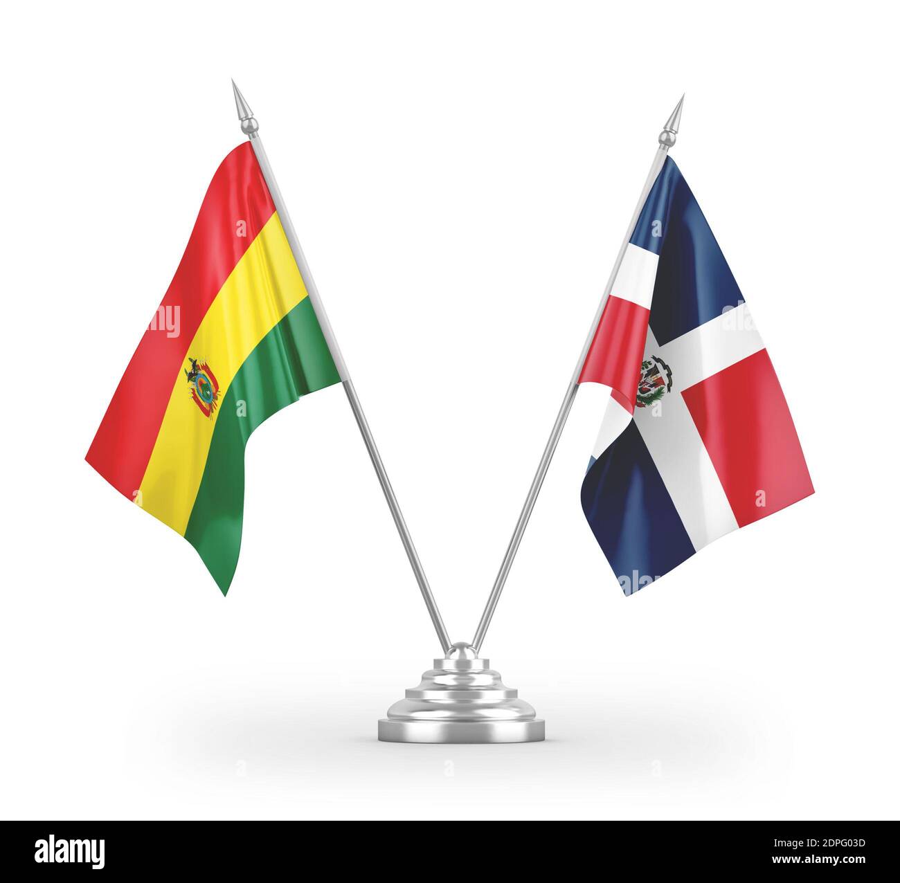 Drapeaux de table de la République dominicaine et de la Bolivie isolés sur la 3D blanche rendu Banque D'Images