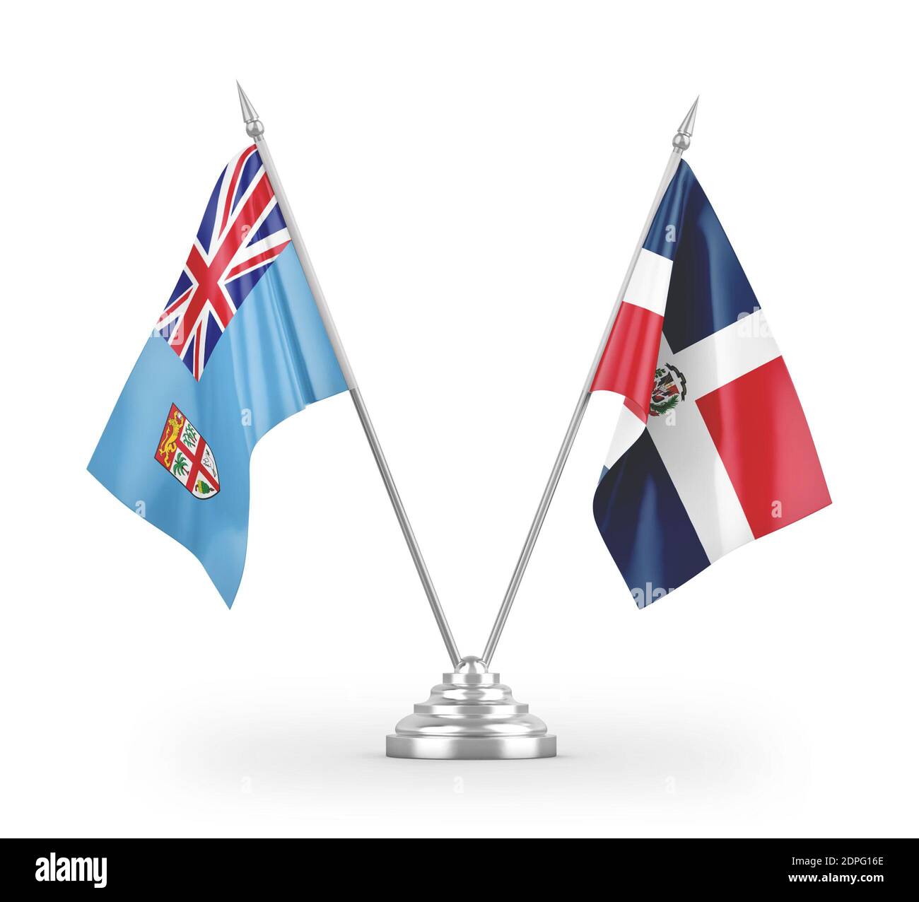 Drapeaux de table de la République dominicaine et des Fidji isolés sur la 3D blanche rendu Banque D'Images