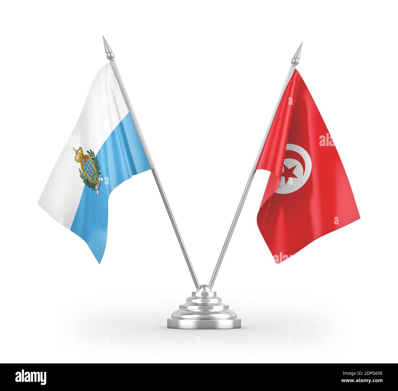 Drapeaux de table de Tunisie et de Saint-Marin isolés sur la 3D blanche rendu Banque D'Images