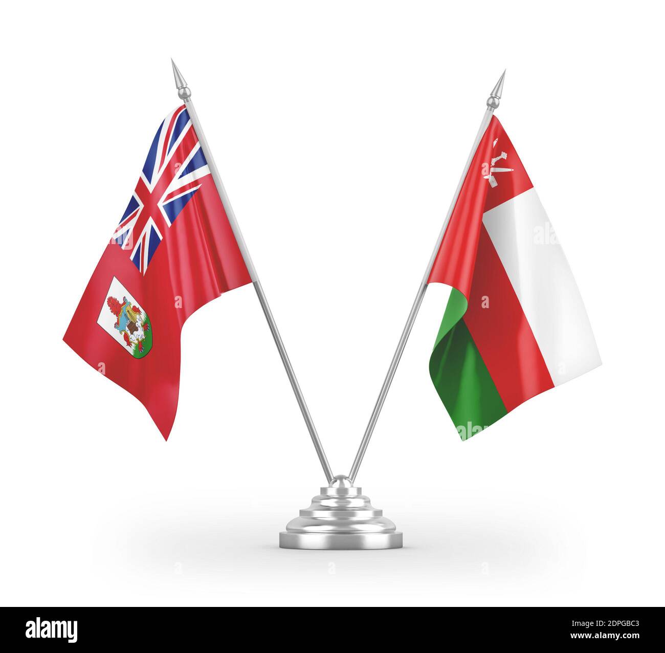 Drapeaux de table Oman et Bermudes isolés sur un rendu 3D blanc Banque D'Images