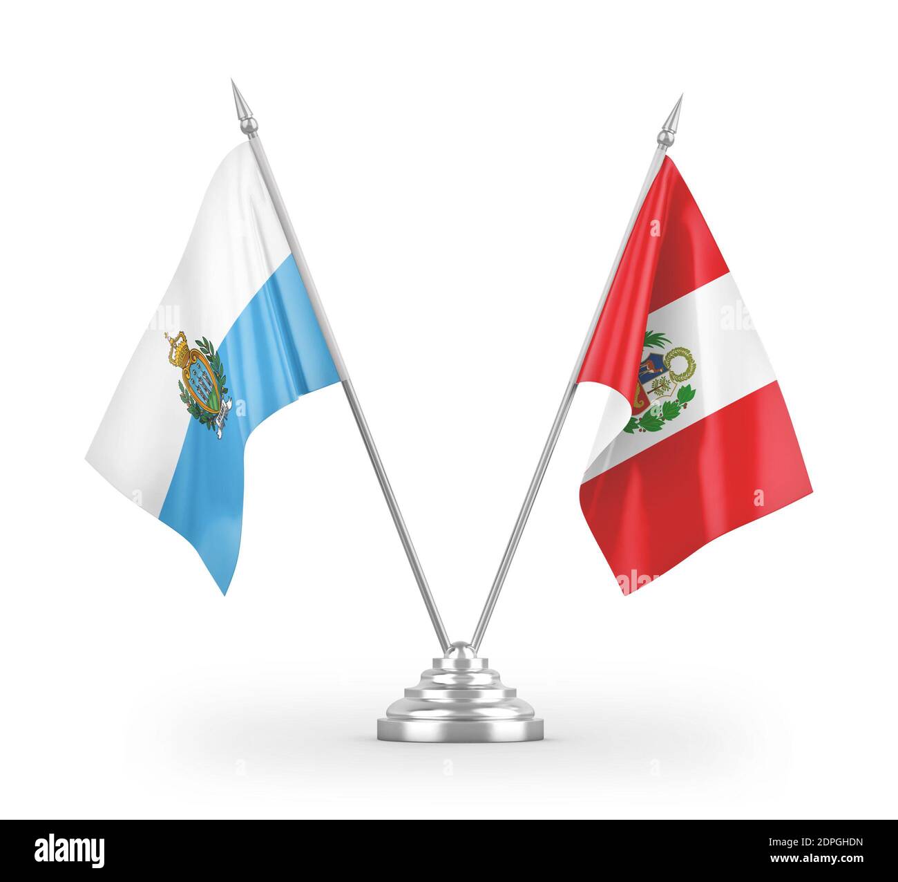 Drapeaux de table du Pérou et de Saint-Marin isolés sur la 3D blanche rendu Banque D'Images