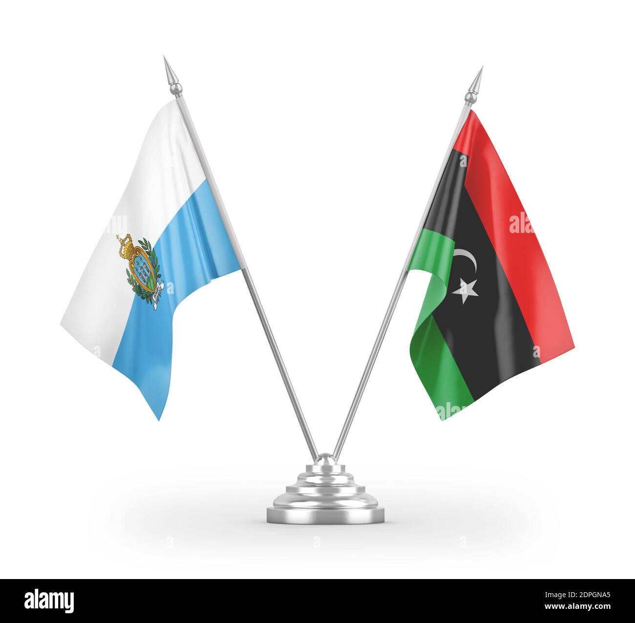 Drapeaux de table de Libye et de Saint-Marin isolés sur 3D blanche rendu Banque D'Images