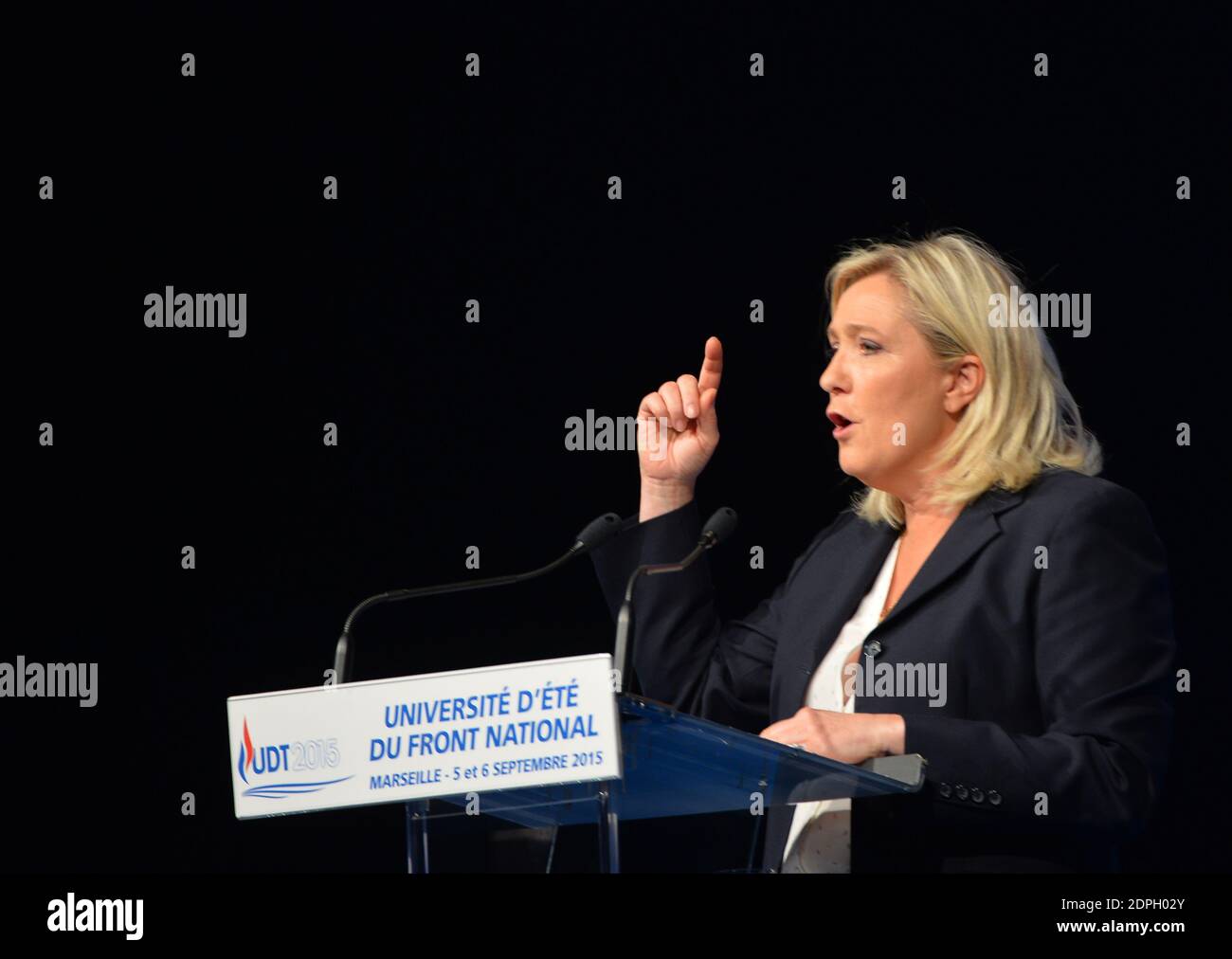 Front d'extrême droite Président du parti national Marine le Pen le  deuxième jour de l'université d'été annuelle du FN qui s'est tenue au  Palais de l'Europe, Parc Chanot, à Marseille, dans le