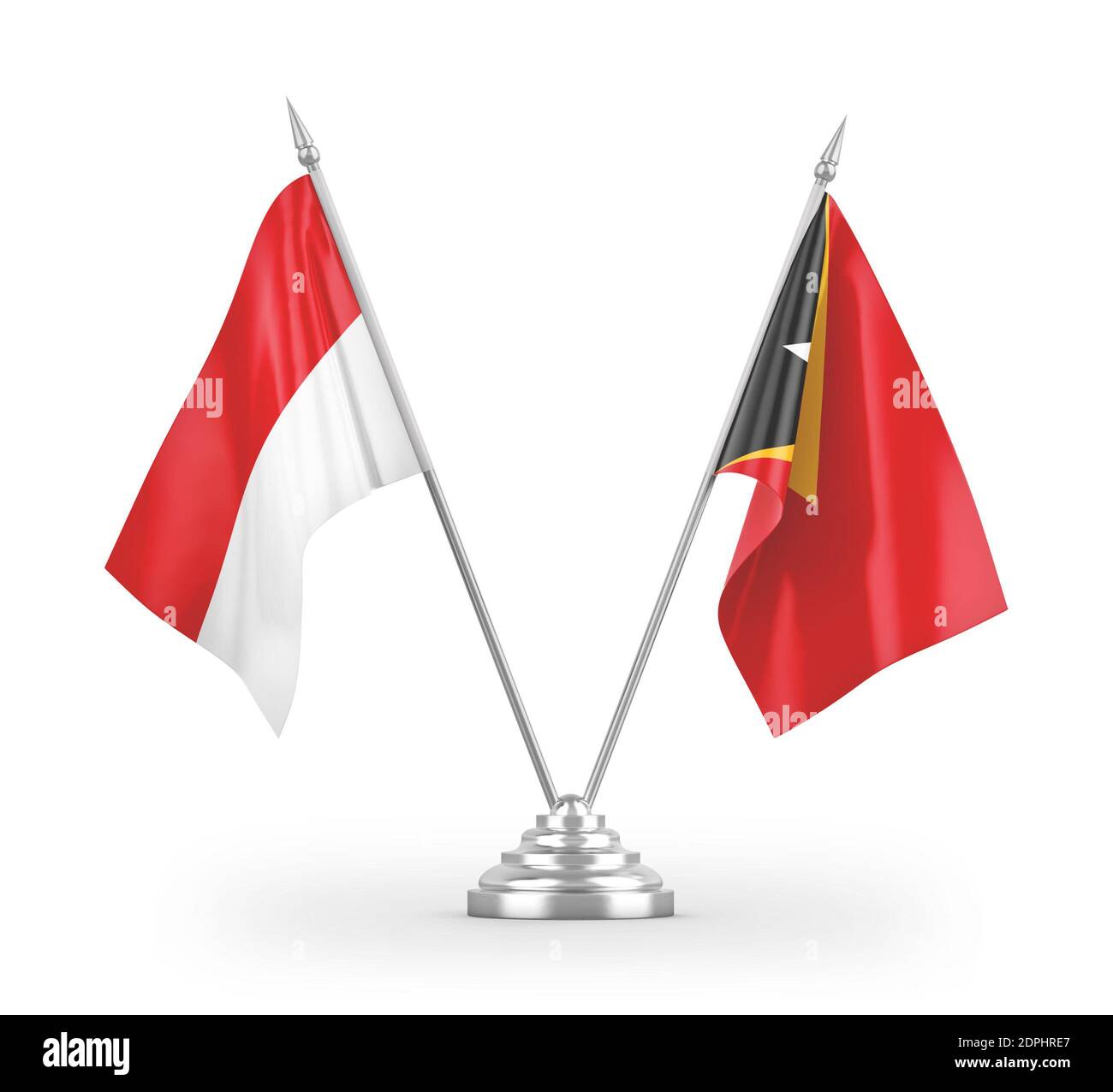 Drapeau de table du Timor oriental et de l'Indonésie isolé sur 3D blanche rendu Banque D'Images