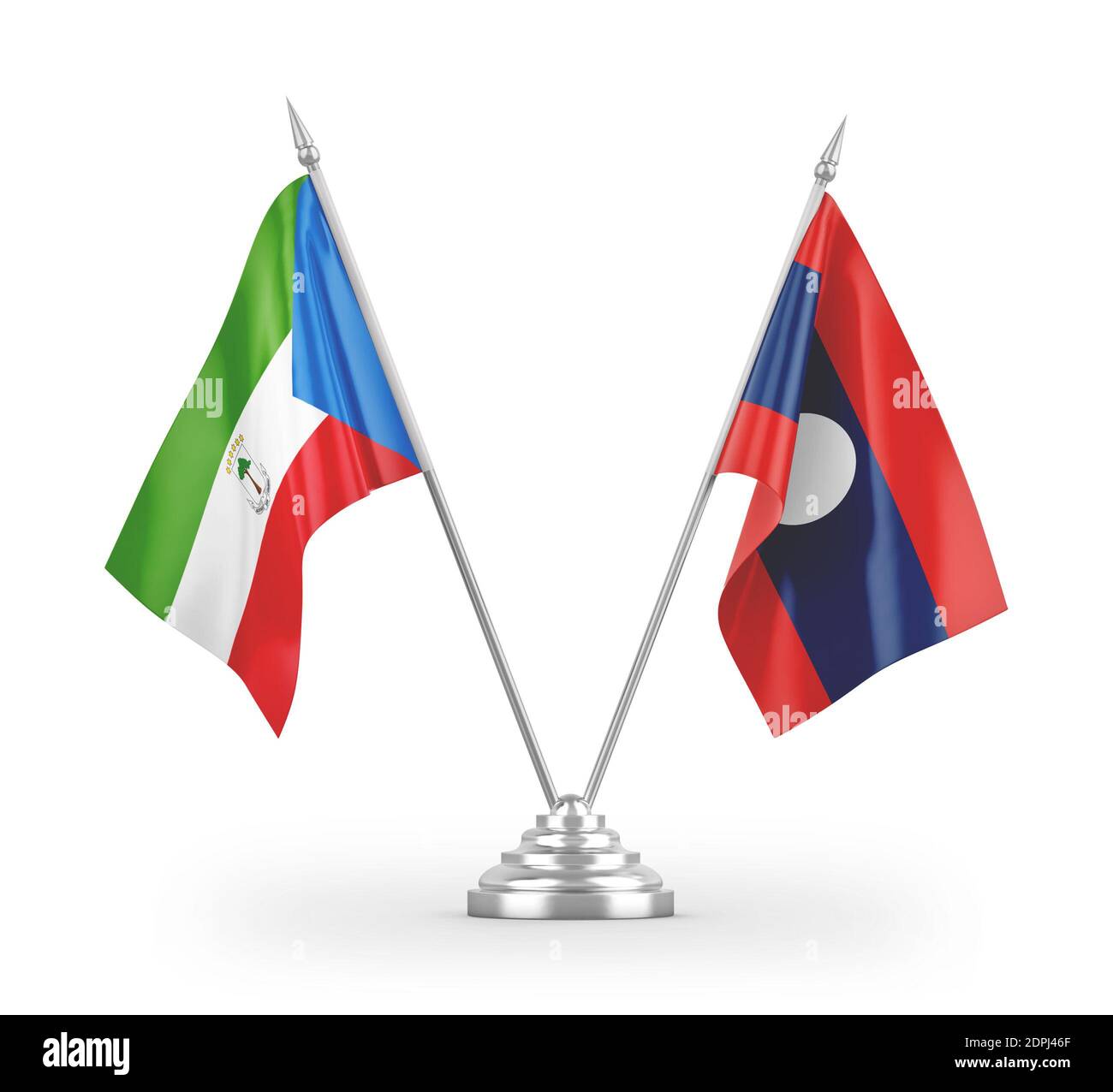 Drapeaux de table du Laos et de la Guinée équatoriale isolés sur la 3D blanche rendu Banque D'Images