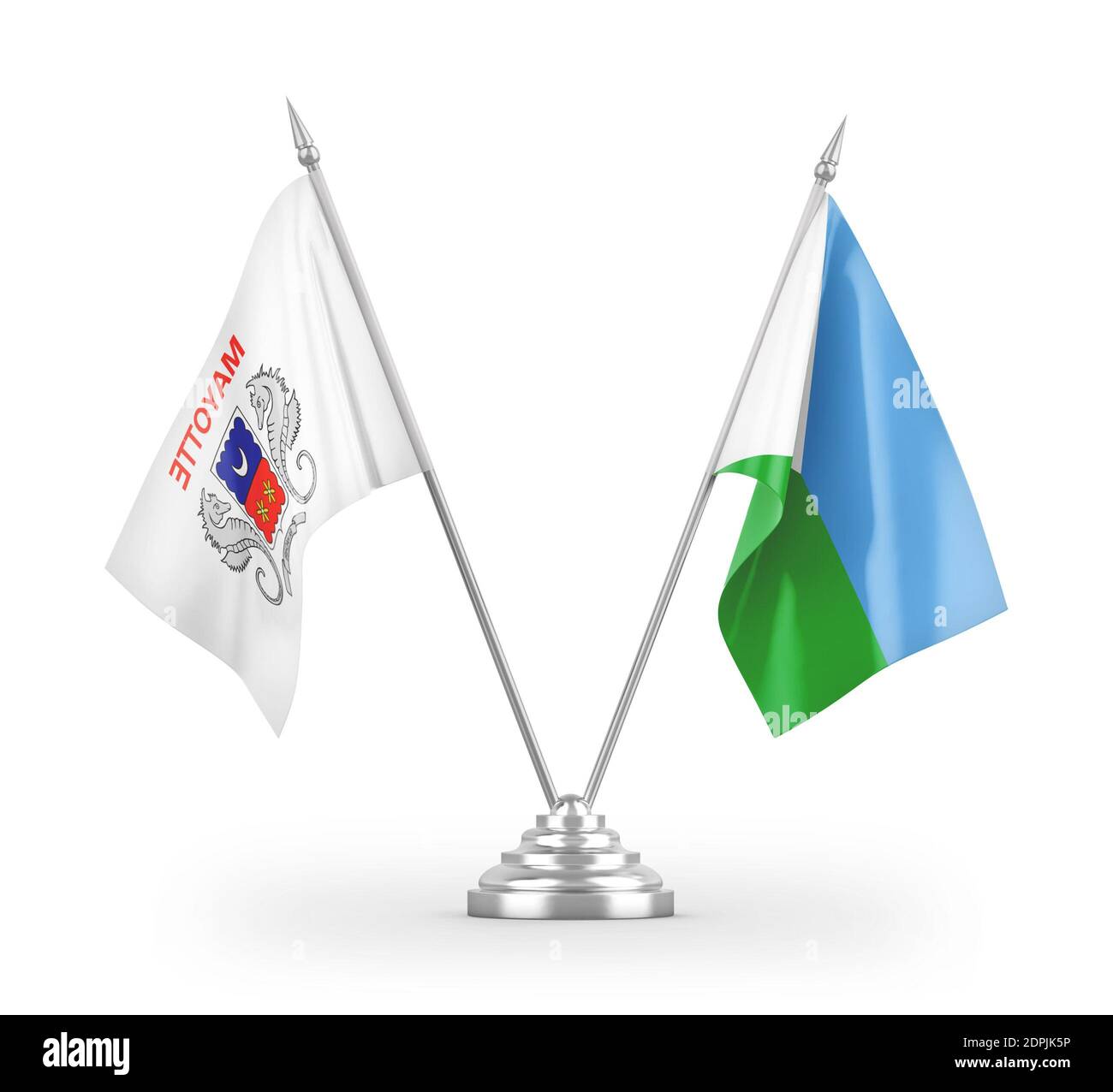 Drapeaux de table Djibouti et Mayotte isolés sur le rendu 3D blanc Banque D'Images