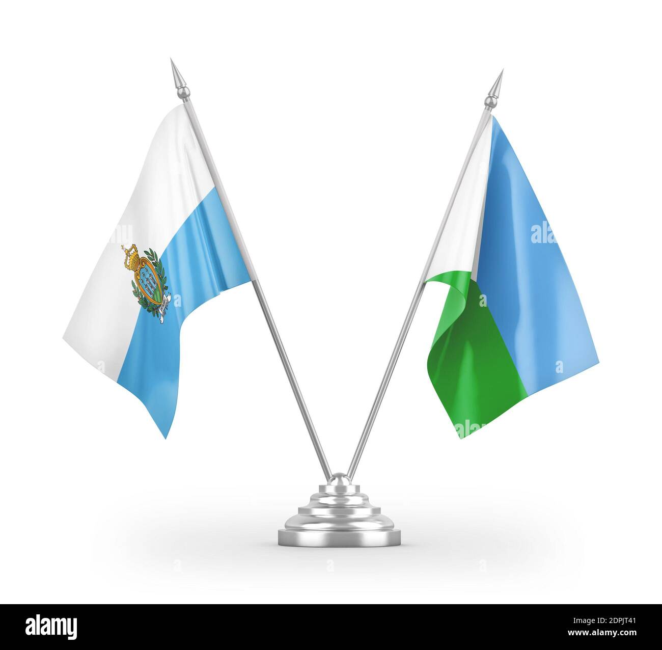 Drapeaux de table Djibouti et Saint-Marin isolés sur 3D blanc rendu Banque D'Images