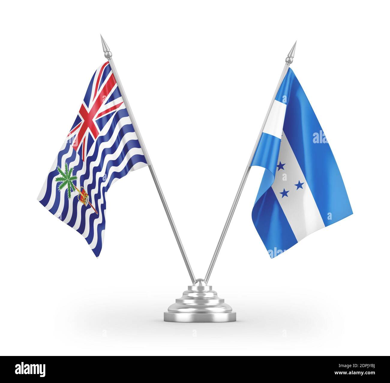 Drapeaux de table isolés sur du blanc au Honduras et dans le territoire britannique des Indiens Rendu 3D Banque D'Images