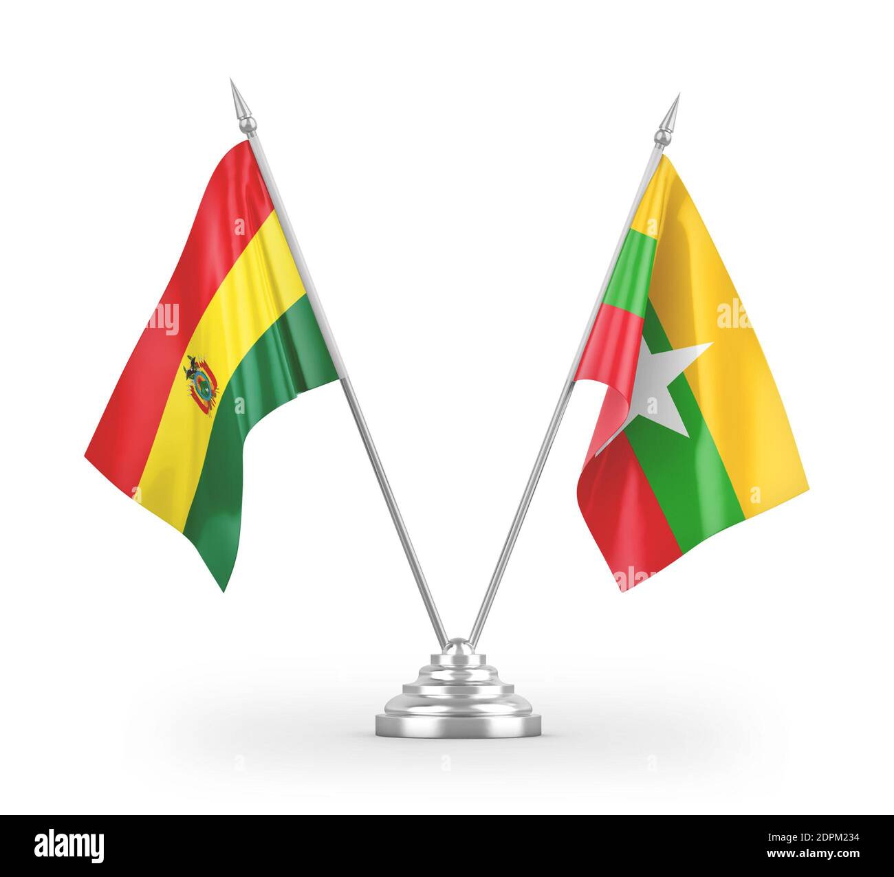 Drapeaux de table du Myanmar et de la Bolivie isolés sur le rendu 3D blanc Banque D'Images