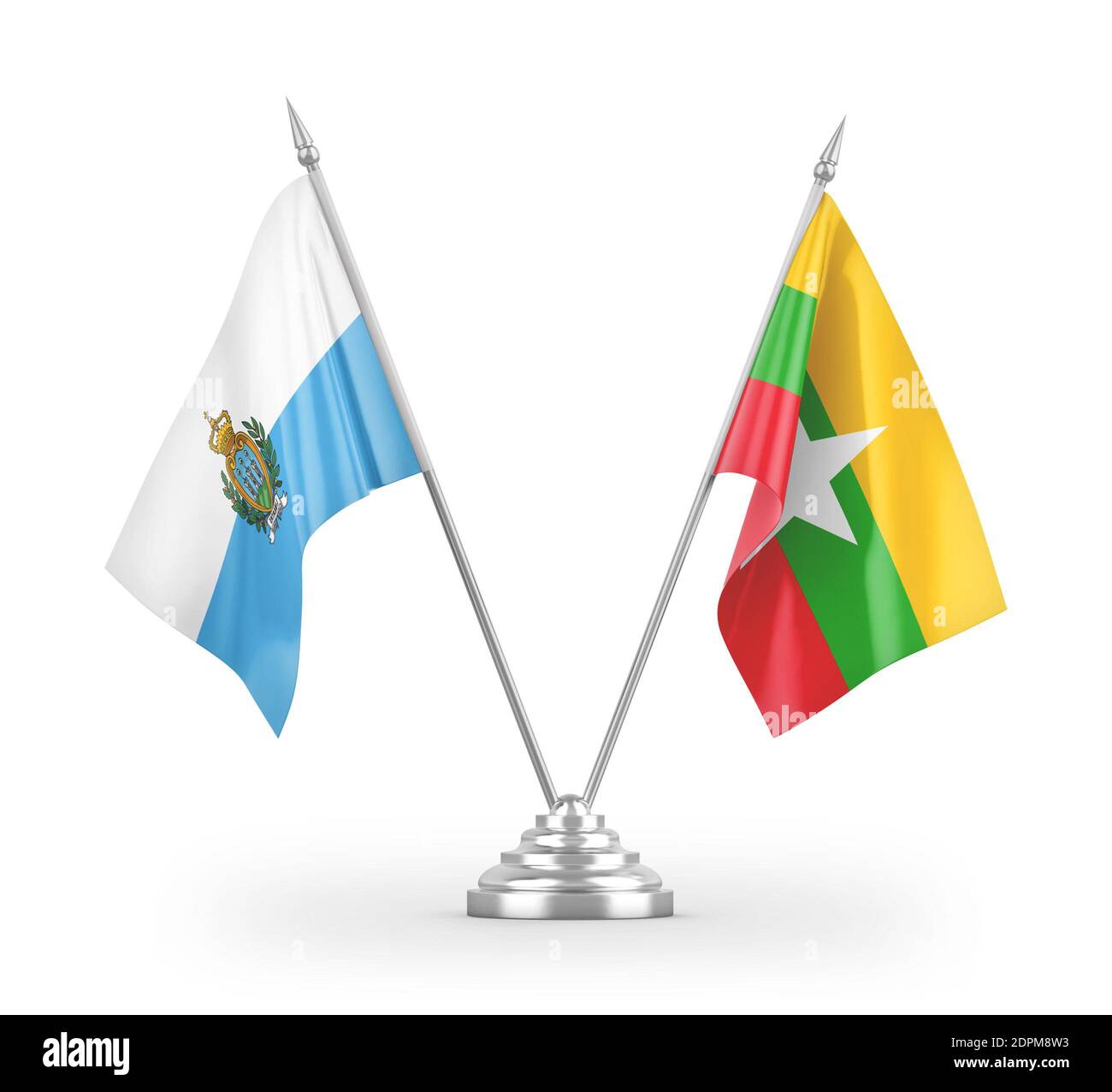 Myanmar et Saint-Marin drapeaux de table isolés sur blanc 3D rendu Banque D'Images