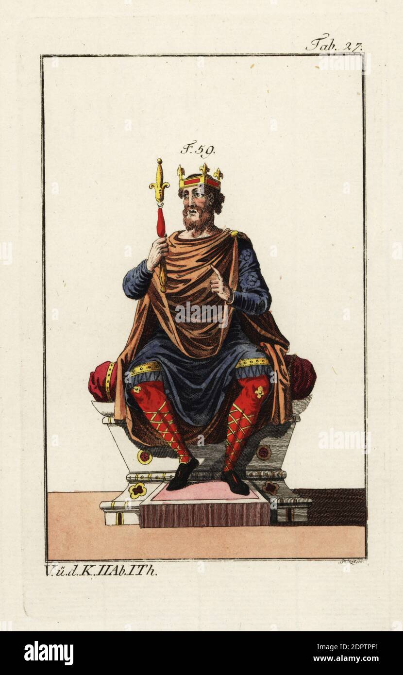 Roi anglo-saxon sur son trône, 9e siècle, représenté dans une tunique avec des bords et des ourlets brodés. Son manteau est jeté sur les épaules et attaché avec un fermoir à l'épaule. Il ressemble à la robe de Charlemagne et d'autres rois des Francs. Gravure en coperplate de couleur main de la photo historique de Robert von Spalart des costumes du peuple principal de l'Antiquité et du Moyen-âge, Vienne, 1796. Banque D'Images