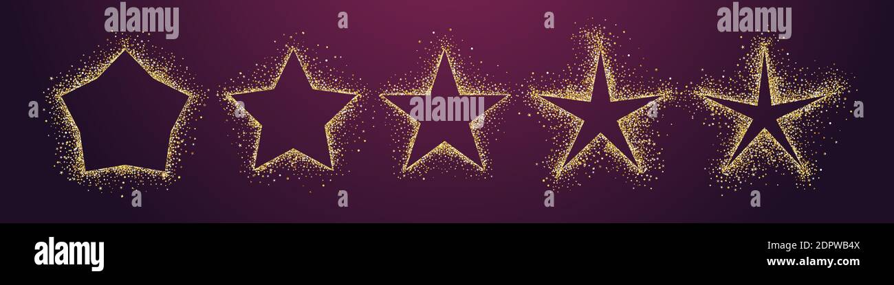 Ensemble d'étoiles dorées brillantes. Collection Star Shape. Graphique créatif, arrière-plan sombre. Texture pailletée décorative, design brillant. Badge de réduction, iso Illustration de Vecteur