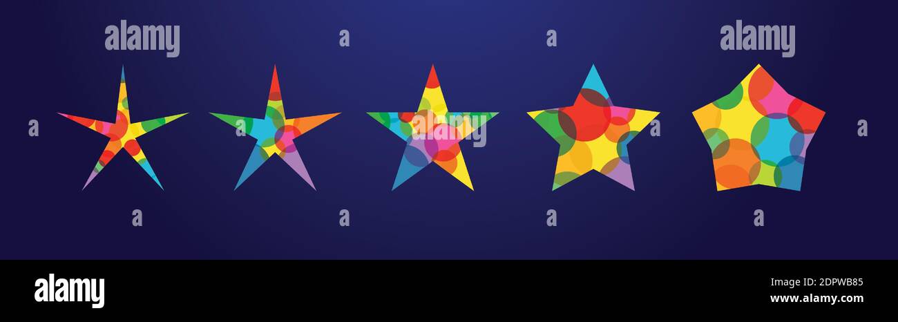 Ensemble d'étoiles colorées. Collection Star Shape. Graphique créatif, fond blanc. Bulles décoratives, texture colorée, design lumineux. Badge de réduction. Illustration de Vecteur