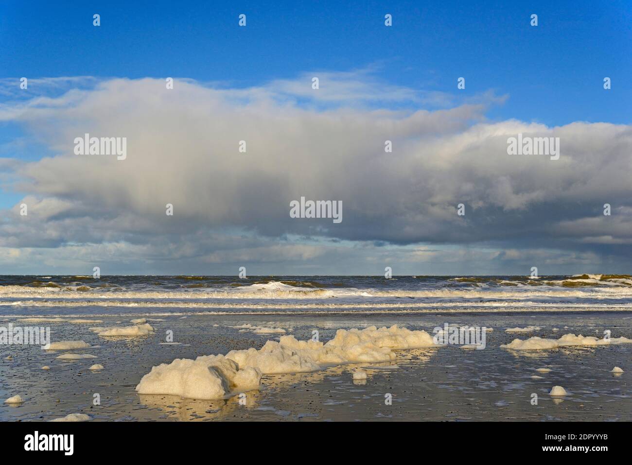 Vagues sur une plage de sable avec formation de mousse, ciel bleu avec des nuages profonds d'enflure (cumulus) au-dessus de la mer du Nord, Norderney, îles de la Frise orientale, Lower Banque D'Images