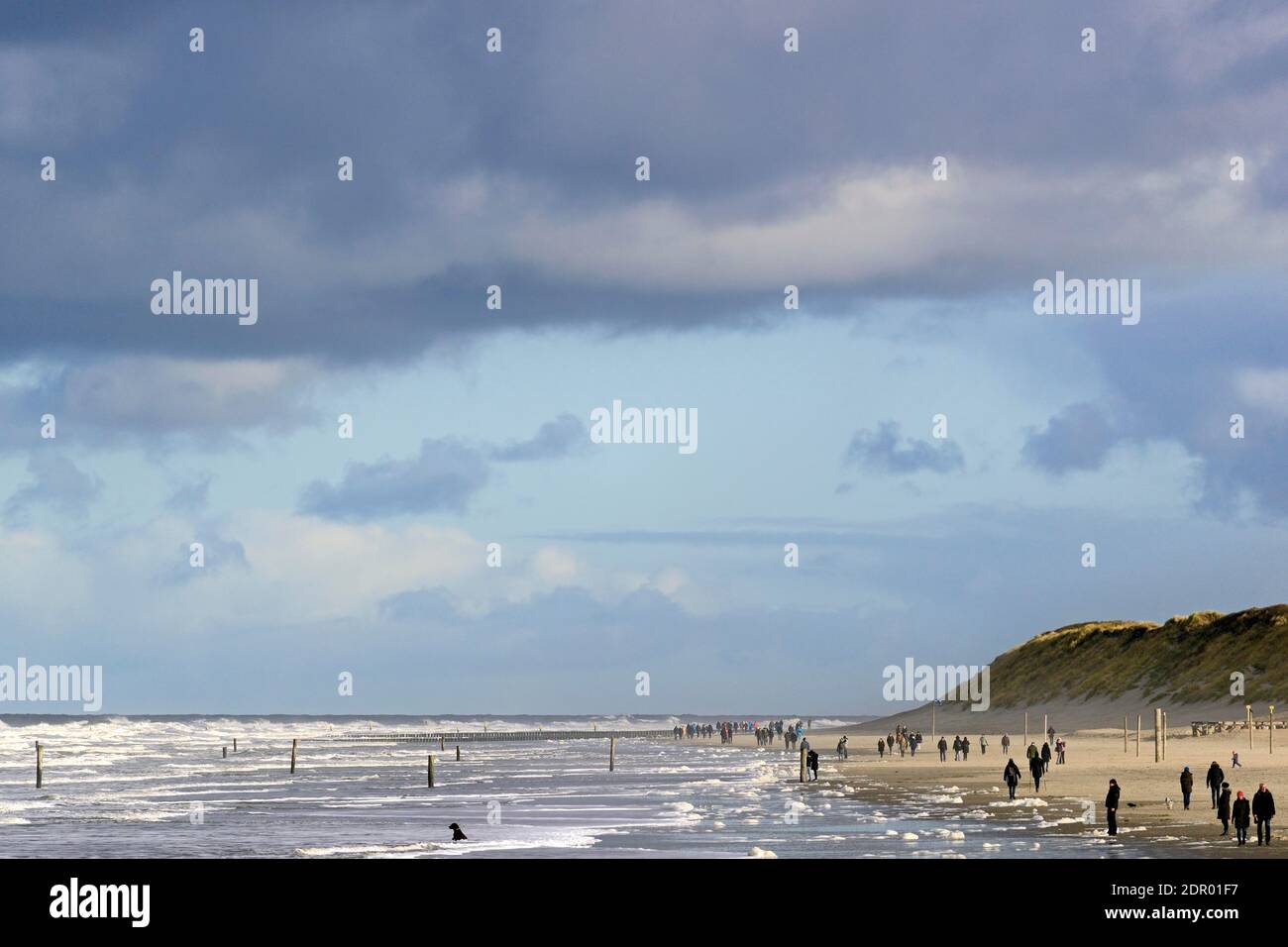 Vue sur la plage nord avec vagues et formation de mousse, les marcheurs de plage à la ligne de rinçage, Mer du Nord, Norderney, îles de Frise orientale, Basse-Saxe Banque D'Images