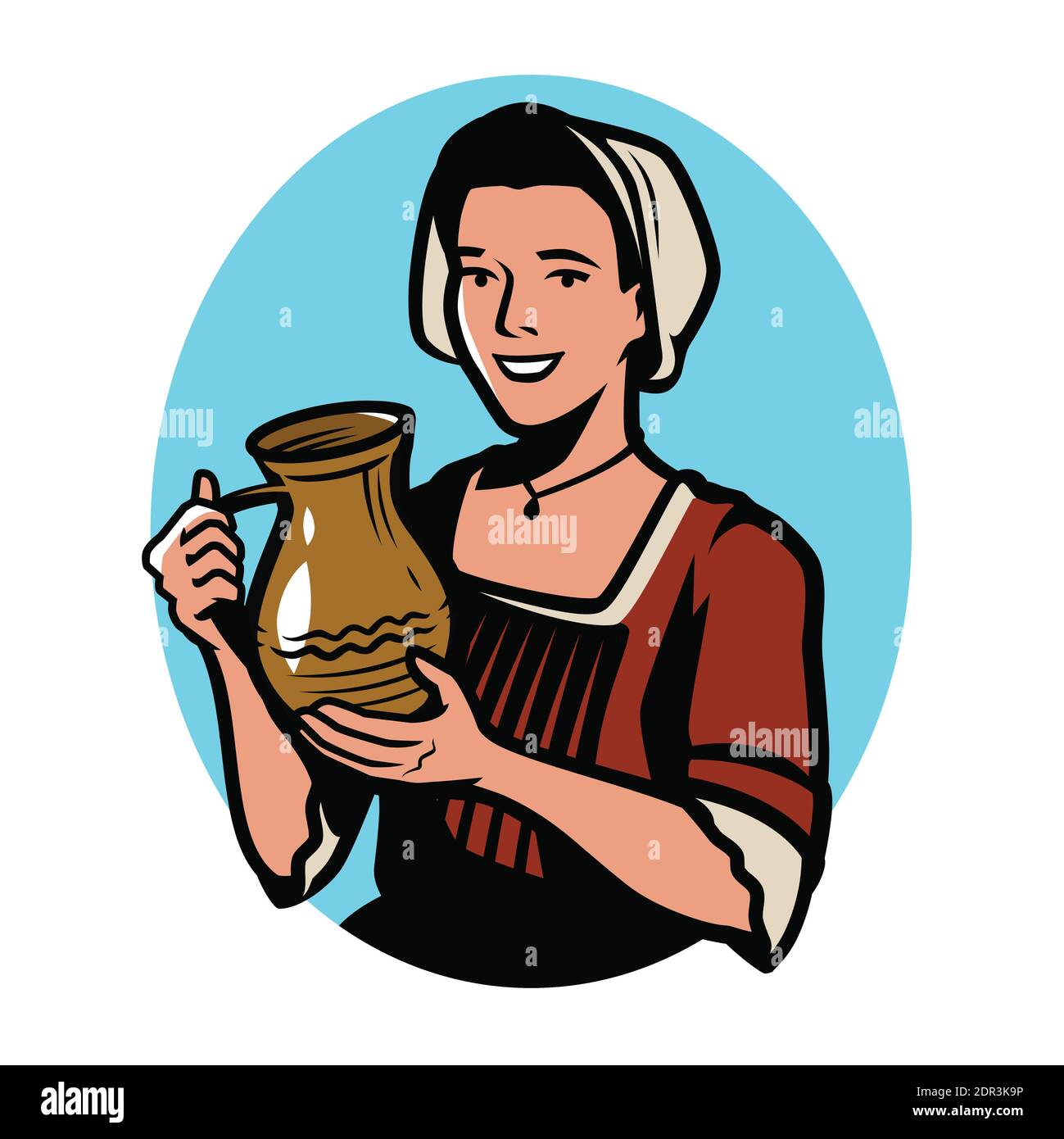 Belle fille avec verseuse en argile. Illustration du vecteur rétro Illustration de Vecteur