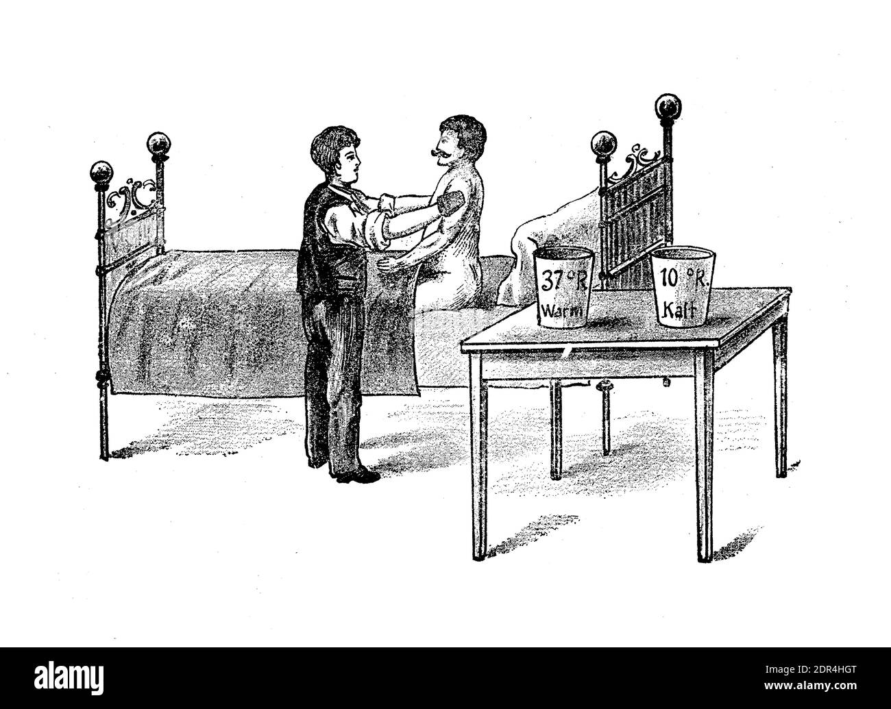 Thérapie de contraste: Homme prenant un traitement brumeux de frottement du corps alternant eau chaude et eau froide plusieurs fois, illustration du XIXe siècle Banque D'Images