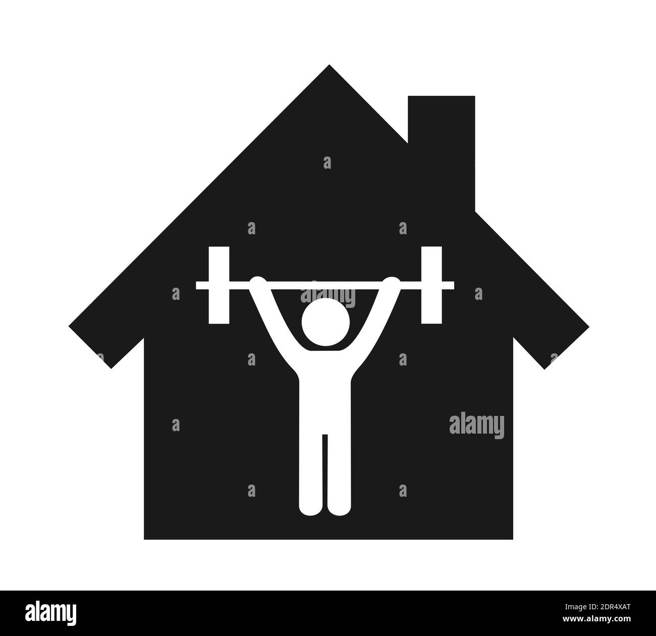 Entraînement à la maison - l'homme fait l'entraînement et l'entraînement du corps avec des poids dans la maison. Symbole de la personne fait de l'haltérophilie avec l'équipement de gym. Vecteur Ill Banque D'Images
