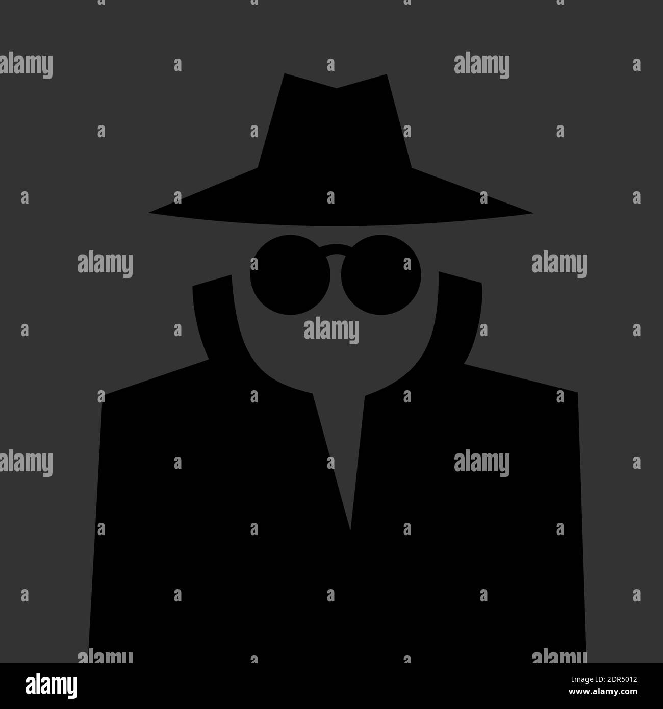Espion, agent et couvert - sinistre personne couverte avec des lunettes, un manteau et un chapeau fait de l'espionnage. Arrière-plan noir humain et noir Uni. Illustration vectorielle Banque D'Images