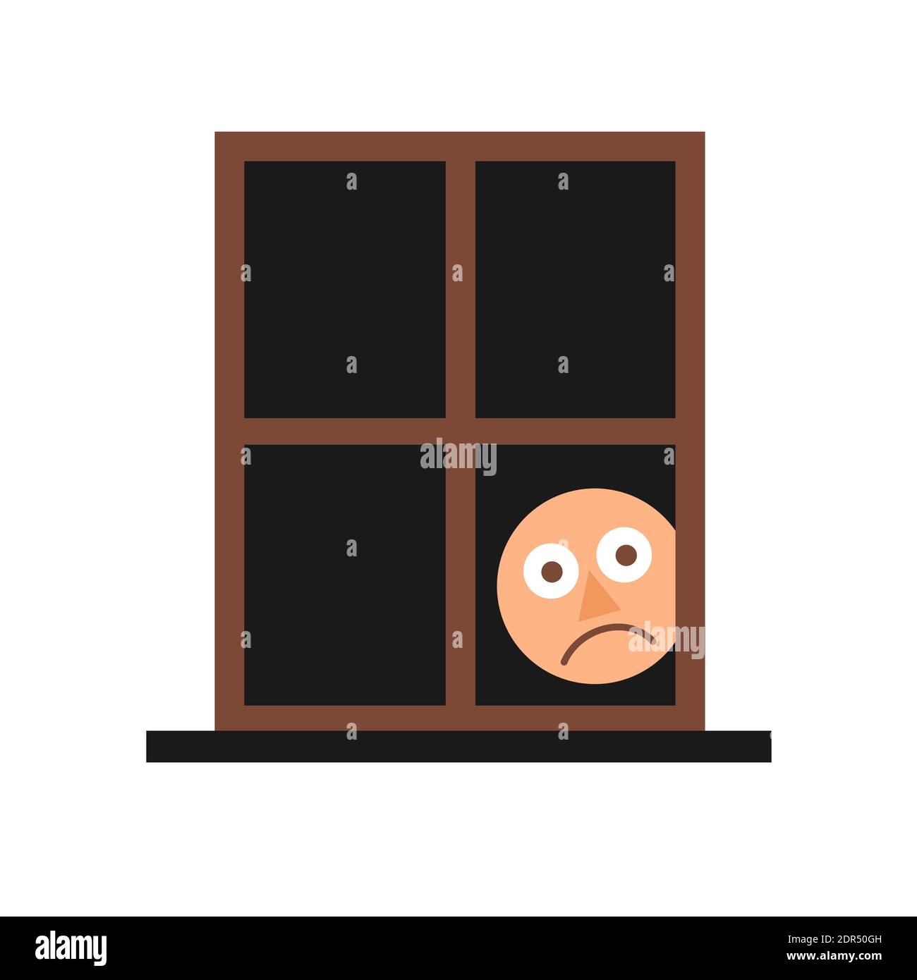 Le visage triste de la personne seule regarde de la fenêtre. L'homme est fermé à la maison et à l'intérieur en raison de l'isolement et de la quarantaine. Illustration vectorielle isol Banque D'Images